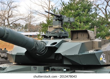 Shizuoka, Japan - April 08, 2012:Japan Ground Self-Defense Force Mitsubishi Type 10 MBT (Main Battle Tank). Sensors and .50 caliber M2 Gun.