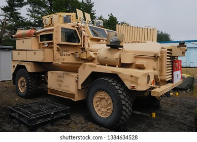 Shizuoka, Japan - April 11, 2010:United States Marine Corps (USMC) Force Protection Cougar H MRAP (Mine-Resistant Ambush Protected) And Infantry Mobility Vehicle.