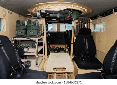 Shizuoka, Japan - April 11, 2010:United States Marine Corps (USMC) Force Protection Cougar H MRAP (Mine-Resistant Ambush Protected) And Infantry Mobility Vehicle Interior.