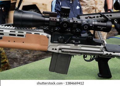 Shizuoka, Japan - April 11, 2010:United States Marine Corps (USMC) Springfield Armory Mike Rock And Jim Ribordy M14 EBR (Enhanced Battle Rifle) Designated Marksman Rifle.