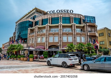 Shkoder, Albania - June 21, 2021: Hotel Colosseo building on Rruga Kole Idromeno street in Shkodra. Modern architecture in an old Albanian town