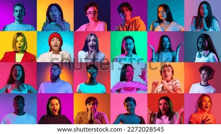 Shock. Emotions and facial expressions. Collage of ethnically diverse young people expressing emotions over multicolored background in neon light. Concept of happiness, youth, motivation and ad.