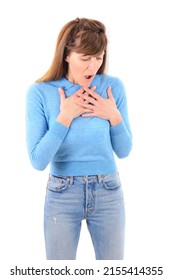 
Shocked Astonished Excited Cute Young Woman Hold Breath Gasping Touch Chest Stunned Look Down On Copy Space. Portrait Of Shocked, Stunned, Fear, Scared Woman Isolated On White Background