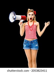 Shocked Blond Woman Holding Mega Phone And Shout Something. Surprised Girl In Red Pin Up Style With Wide Open Mouth Over Dark Black Background. Female Model - Retro Vintage Studio Ad Concept. Big Sale