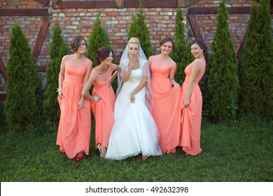 Shocked Bride Hides Her Mouth While Bridesmaids Whirl Around Her