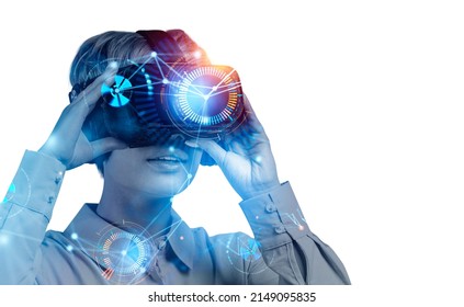 Shocked businesswoman in formal wear is wearing vr helmet. Pie diagrams with binary code and line connection in the foreground. White background. Concept of virtual reality and successful business