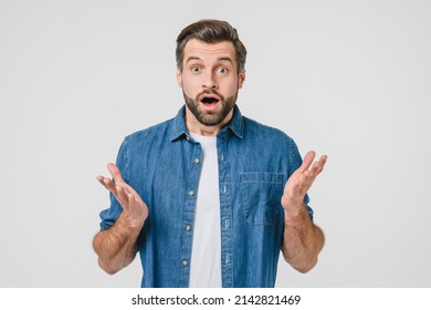 Shocked disappointed caucasian young man expressing emotions for sale discount, hearing good bad news isolated in white background