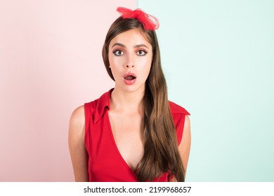 Shocked Face Of Surprised Young Woman With Hair Bow. Funny Female Shocked Face Expression. Unbelievable. Expressing Surprise Open Mouth.