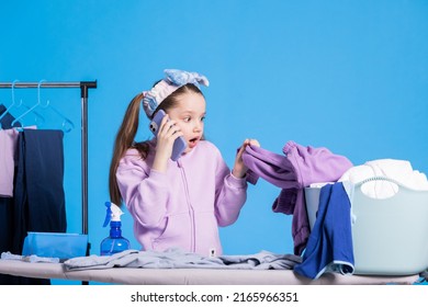 Shocked Girl Irons Sorting Clothes, Notices Mistake, Stained Sweatshirt, Calls Mom Horrified, Children's Performance Of Household Chores.