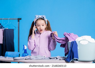 Shocked Girl Irons Sorting Clothes, Notices Mistake, Stained Sweatshirt, Calls Mom Horrified, Children's Performance Of Household Chores.