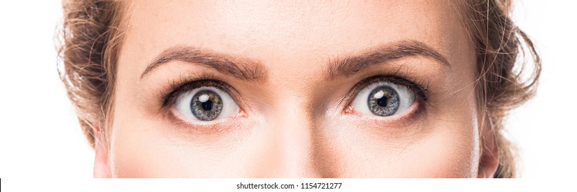 Shocked Grey Female Eyes Looking At Camera, Isolated On White