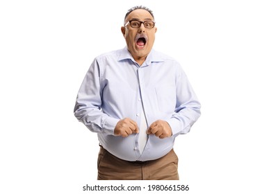 Shocked man with a big belly trying to button a shirt isolated on white background