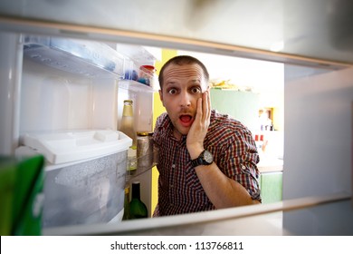 Shocked Men Looking In His Empty Fridge