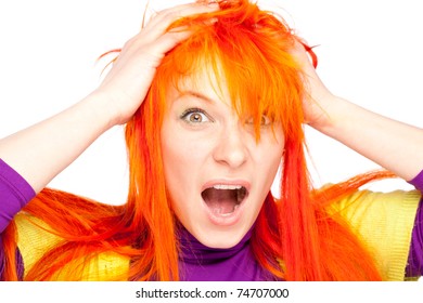 Shocked Red Hair Woman Screaming Looking At Camera