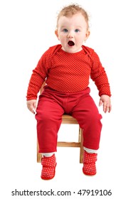 Shocked And Startled Baby Girl Dressed In Red Looking At Camera Isolated On White