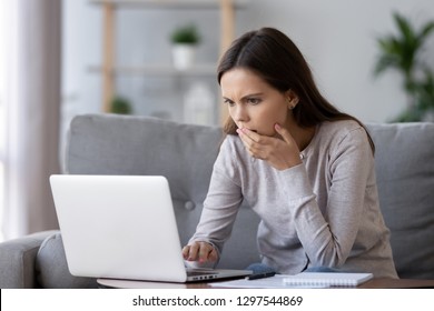 Shocked Stressed Young Woman Reading Bad Online News Looking At Broken Laptop Screen, Confused Teen Girl In Panic Frustrated With Stuck Computer Problem Mistake Virus, Negative Social Media Message