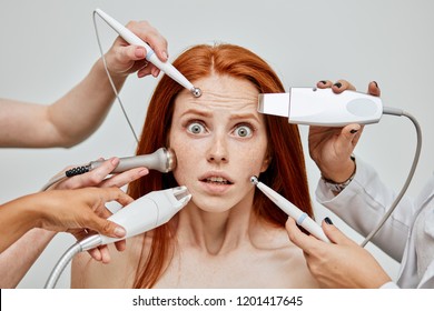 Shocked Surprised Distressed Woman With Bugged Eyes Feeling Scared About Large Variety Of Cosmetology Procedures, Being Afraid Of The Danger Of Excessive Interest In Beauty Treatments