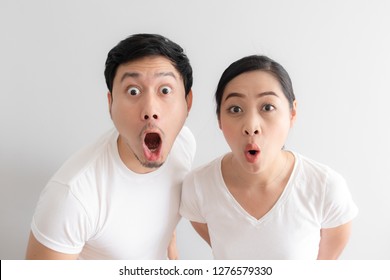 Shocked And Surprised Face Of Asian Couple Lover In White T-shirt.