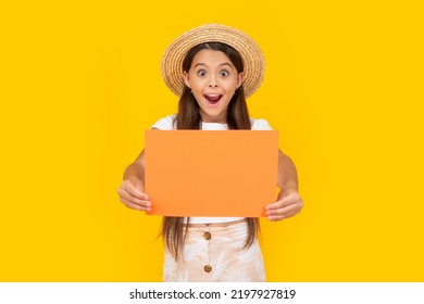 Shocked Teen Girl With Copy Space On Orange Paper On Yellow Background