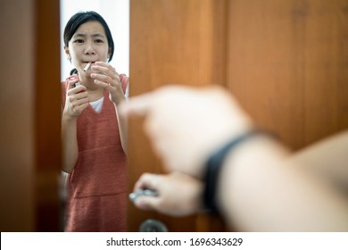 Shocked Teen Girl Secretly Smoking The Cigarette In The Bedroom,mother Is Opening The Door,seeing Her Daughter Holding A Cigarette,quit Bad Habit,stop Smoking,social Problems,drug Addiction Of Family