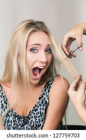 Shocked Woman Have A Bad Haircut In The Salon