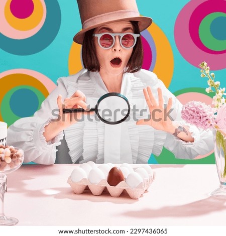 Shocked woman in sunglasses and cylinder hat emotionally looking in magnifying glass at chocolate eggs among ordinary. Multicolored abstract background. Concept of pop art, creativity, food, holidays