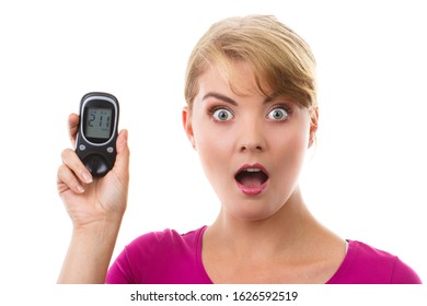 Shocked And Worry Woman Holding Glucometer With Bad Result Of Measurement Sugar Level