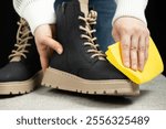 Shoe Care, Woman Wiping Cloth Surface Of Leather Shoe