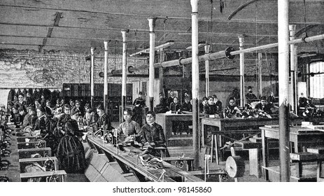 Shoe factory in St. Petersburg. Engraving by  Flyugel. Published in magazine "Niva", publishing house A.F. Marx, St. Petersburg, Russia, 1888 - Shutterstock ID 98145860