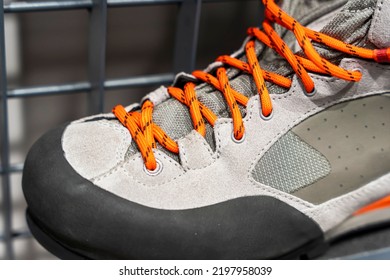 Shoe Lace Close Up Look. Bright Orange Shoelaces. New Mountain Boots