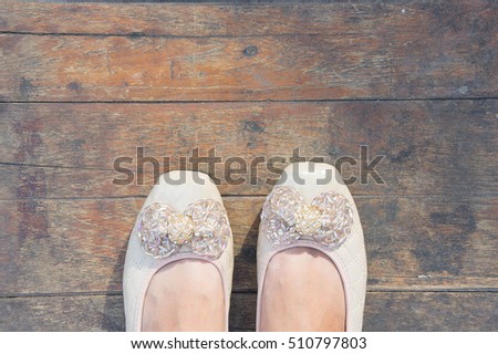 shoe women with wooden background dirty style and shoe women , bow cute shoe young women , shoe working women on wooden style