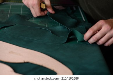 Shoemaker Cutting Suede Leather With Craft Knife For Handmade Shoes In Workshop. Making Bespoke Shoes. Closeup