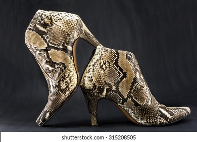 Shoes Made Of Snake Skin On A Dark Background.