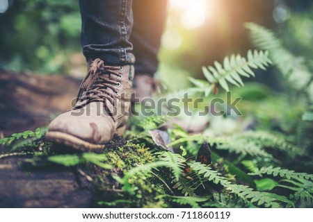 Shoes Man walking on a forest path in autumn and Lifestyle hiking concept.Travel hiking.