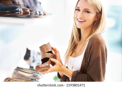 Shoes Store Shopping Happy Girl Customer Smile And Buy From Luxury Boutique Shop Discount Deal Or Fashion Retail Sale Offer. Happy Portrait Of Young Person Or Woman Excited With Buy Choice At Mall