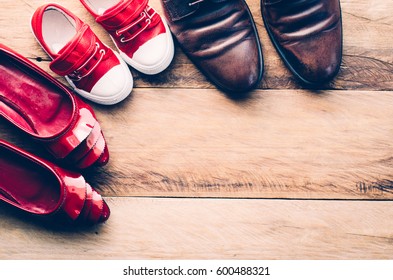 shoes, three pairs of dad, mom, son - the family concept 