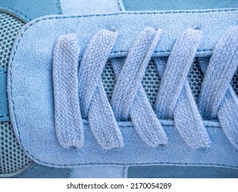 Shoestrings Of Blue Color Pattern. Closeup Lacing Background Texture For Design. Shoelaces, Shoestrings Or Bootlaces.