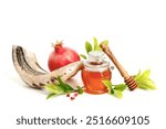 Shofar, pomegranates and honey symbol of the Jewish holiday-Rosh Hashanah white background.