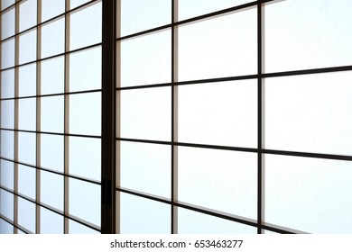 Shoji Japanese paper window background with lighting from the back of panel.