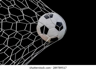 Shoot Soccer Ball In Goal, Net On Black Isolated Background.