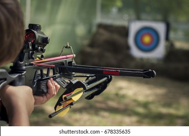 The Shooter Directed The Crossbow Towards The Colored Target. Toned