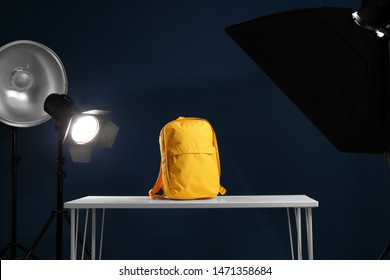 Shooting of bright backpack for product promotion in photo studio - Shutterstock ID 1471358684