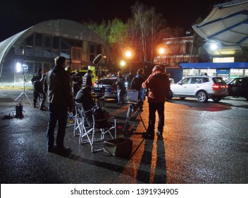 Shooting A Movie At Night. Filming The Movie. Shooting A Film In Exterior At Night.