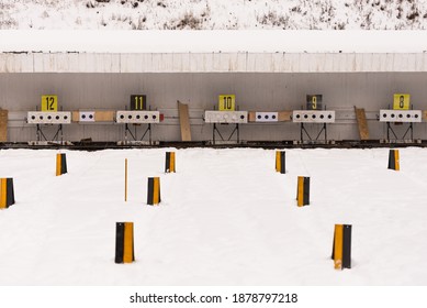 Shooting range for biathlon. Biathlon stadium for training. four hits out of five. Targets for shooting.