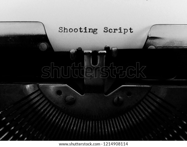 SHOOTING SCRIPT, drama, arts, publishing\
manuscript title heading typewritten in black ink on vintage manual\
typewriter machine, for theatre, television, plays for writers\
authors actors