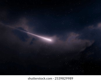Shooting star isolated. Bright comet tail, glowing meteor flies in space. Astrophotography of a celestial object.