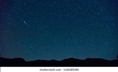 Shooting Star (Perseids Meteor Shower) Near The Big Dipper (Plough), With Ursa Minor And North Star Visible, Zuoz, Engadine, Switzerland.