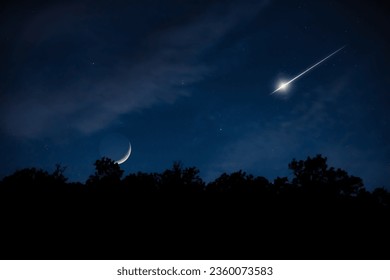 Shooting star, waxing Moon, Milky way and tree silhouettes. - Powered by Shutterstock