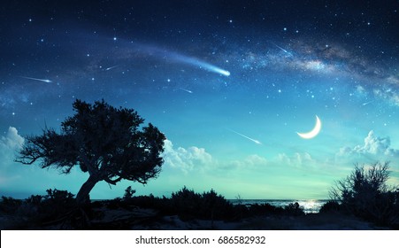 Shooting Stars In Fantasy Landscape At Night
