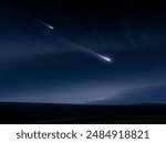 Shooting stars glow in the atmosphere. Meteors at night, celestial landscape. Beautiful meteor trail isolated.